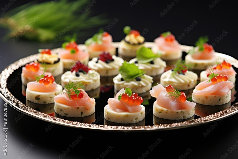 Assorted canapés on a gold platter, garnished with salmon, caviar, and greens, presented against a dark background
