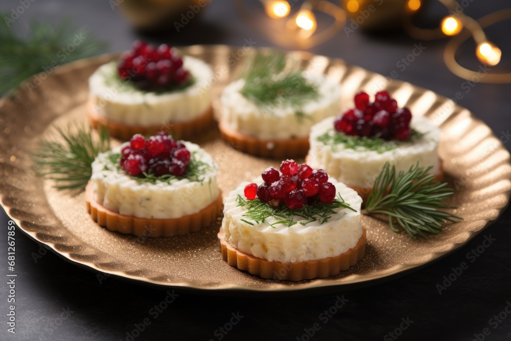 Festive canapés with red berries on golden plate