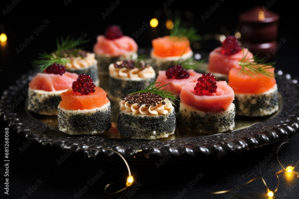 Elegant sushi-inspired canapés on a silver platter with twinkling lights in the background Elegant sushi-inspired canapés on a silver platter with twinkling lights in the background