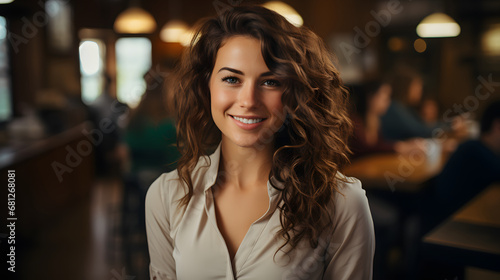 a photo portrait of a beautiful young female american school teacher standing in the classroom. students sitting and walking in the break. blurry background behind.