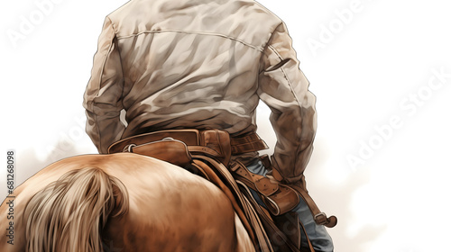 Cowboy on horseback from behind issolated on white