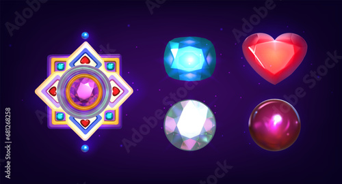 Luxurious 3D jewelry. Set of gemstones. Vector illustration in cartoon style on a dark background. Eps 10