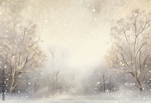 Winter snow scene with silver glitter background illustration, copy space