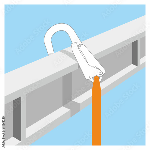 Wrong safety harness anchorage method. Not fully tied off the hook connection illustration. Industrial, construction personal protective equipment for working at height.