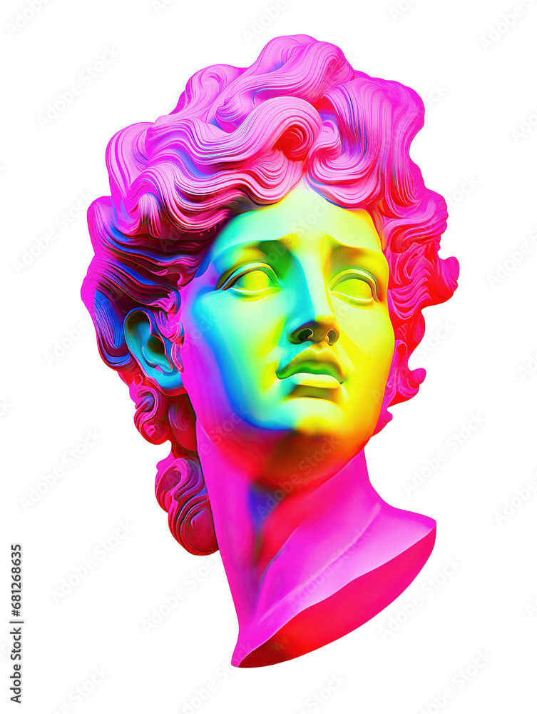 Antique greek sculpture Aphrodite bust in fluorescent neon colors. Modern pop culture vaporwave aesthetics