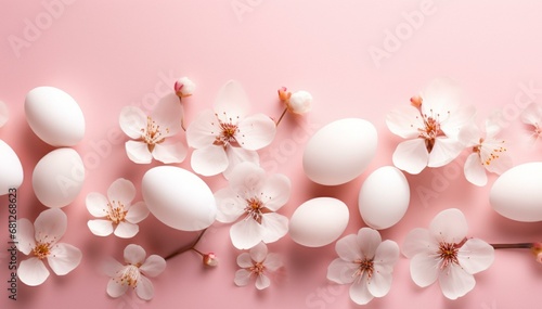 Happy Easter eggs poster with spring flowers on a pink background 