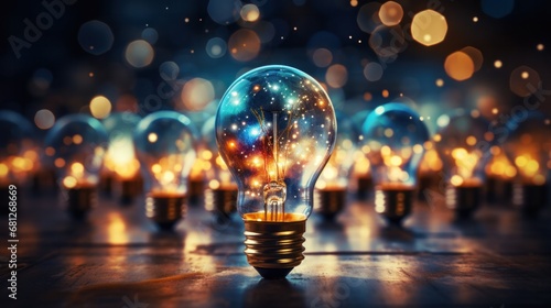 Great idea concept, Idea, innovation and inspiration, creativity with light bulbs that shine glitter on table, new ideas with innovative technology and creativity, business, education, technology #681268669
