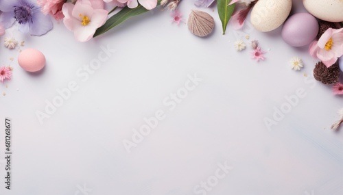 Happy Easter banner with spring flowers background, spring flowers. Greeting card, banner design. Generated AI 