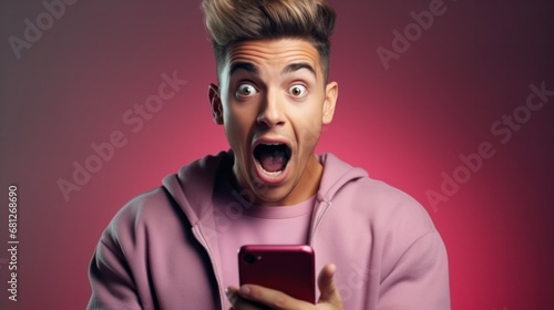 handsome man exited surprise face expression . Male feels shocked with the phone. exciting smile and happy adorable rejoices. Very enjoy and fun relax time. wow, girl holding smartphone.