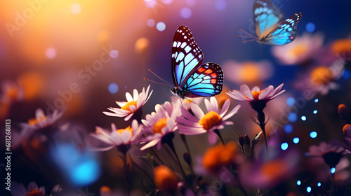 Fields of colorful flowers and butterflies
