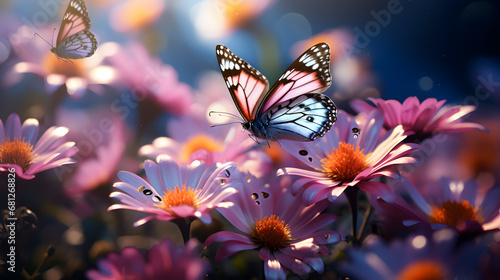 Fields of colorful flowers and butterflies