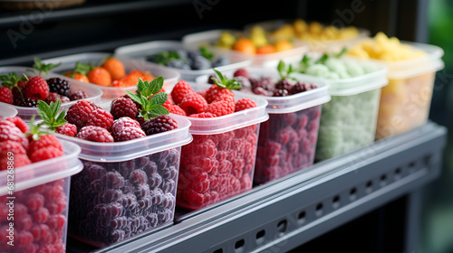 berries are stored in reusable box containers on containers on home freezer photo