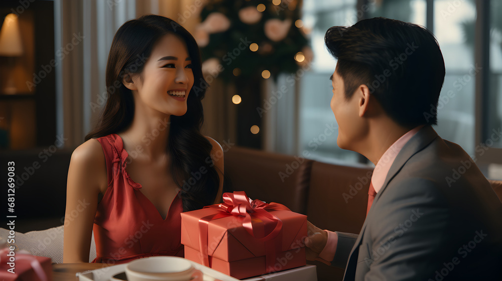 Couple giving gifts to each other gifts at new year Couple giving gifts to each other gifts at new year