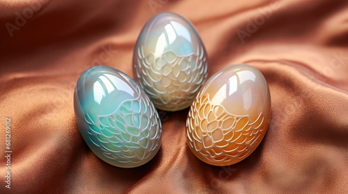 iridescent opalized bird eggs with distinctive markings isolated on a tan background   photo