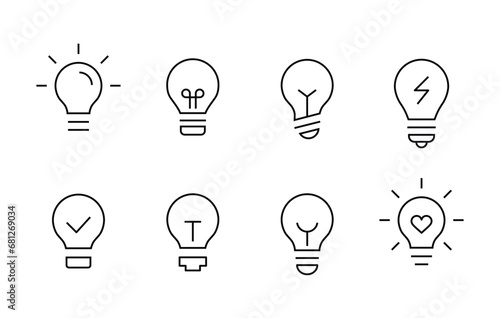 Light Bulb icon set, isolated on white background. Idea , solution, thinking. Lighting Electric lamp. Electricity, shine. line icons set, editable stroke isolated on white, linear vector outline,