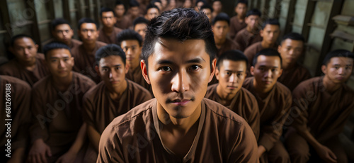 Prisoners in brown shirts at the prison