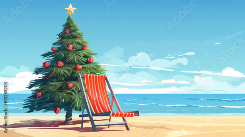 Christmas tree and sun lounger on the beach near the ocean, on a hot sunny day. Vacation, winter holidays.