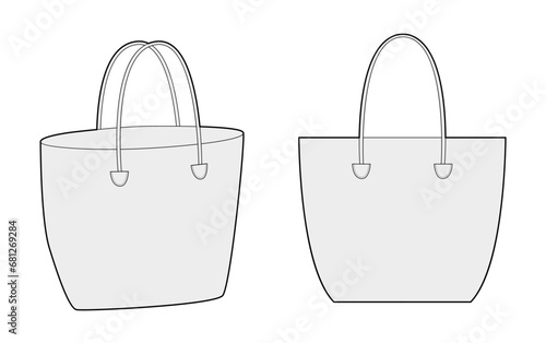 Beach Bag tote silhouette bag. Fashion accessory technical illustration. Vector satchel front 3-4 view for Men, women, unisex style, flat handbag CAD mockup sketch outline isolated