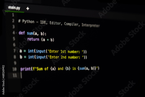 Software program source code of Python IDE code editor display photo