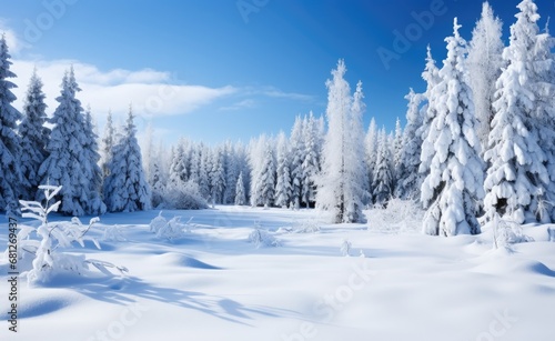 Snow-covered pine trees in a serene winter landscape with a clear blue sky © InfiniteStudio