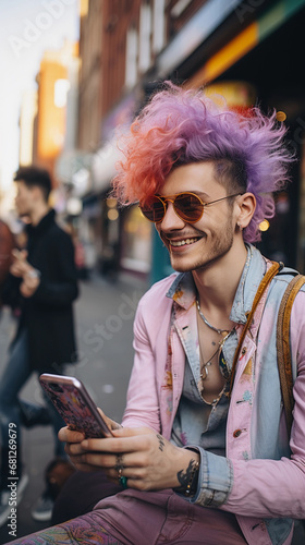 Young genderqueer gay bisexual with glasses extravagant look using a smartphone, and wearing pink outfit urban lifestyle
