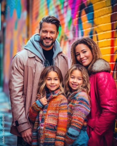 Smiling and cheerful family relaxed on a walk in the city