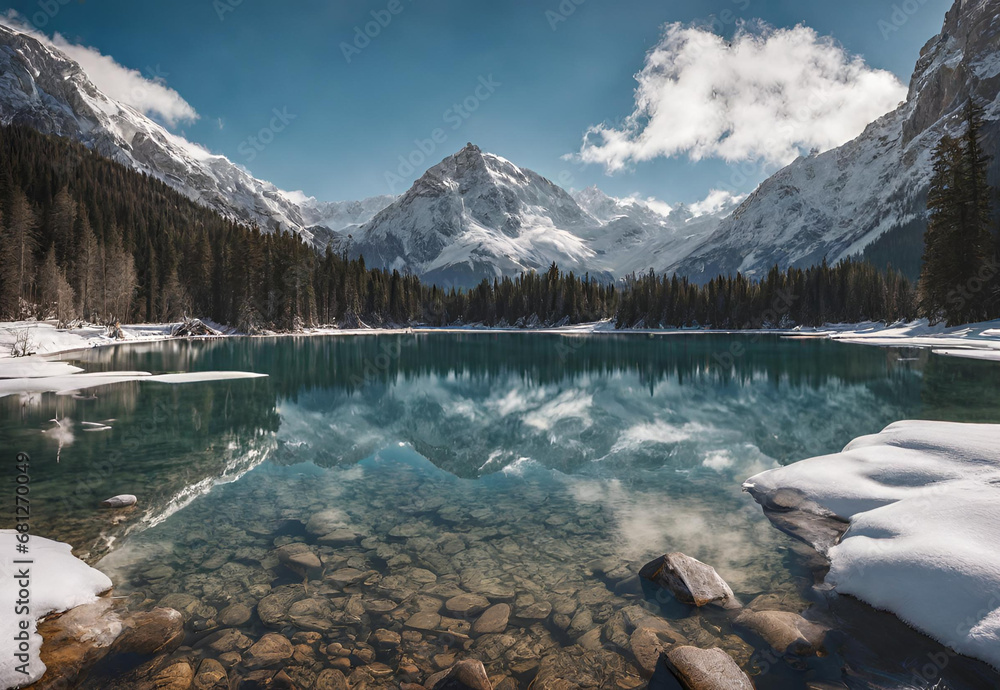 Beautiful shot of a crystal clear lake next to a snowy mountain base during a sunny day.AI GERERATED