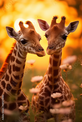  Two giraffes standing together in the evening light