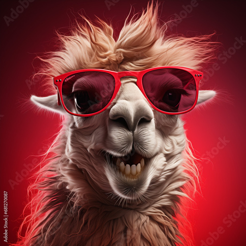 Llama wearing sunglasses on a red background © LAJT