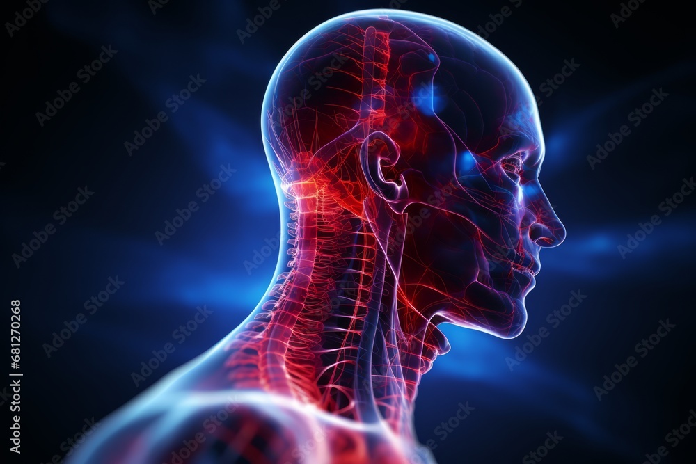 Man with headache - stroke. images of the structure of the neurosystem of the head and pain areas - 3D illustration Man with headache - stroke. images of the structure of the neurosystem of the head and pain areas - 3D illustration