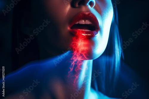 Woman holding hands on her neck. Throat sore concept. 3d photo