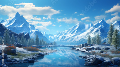 Snowy Mountains and Serene River Landscape
