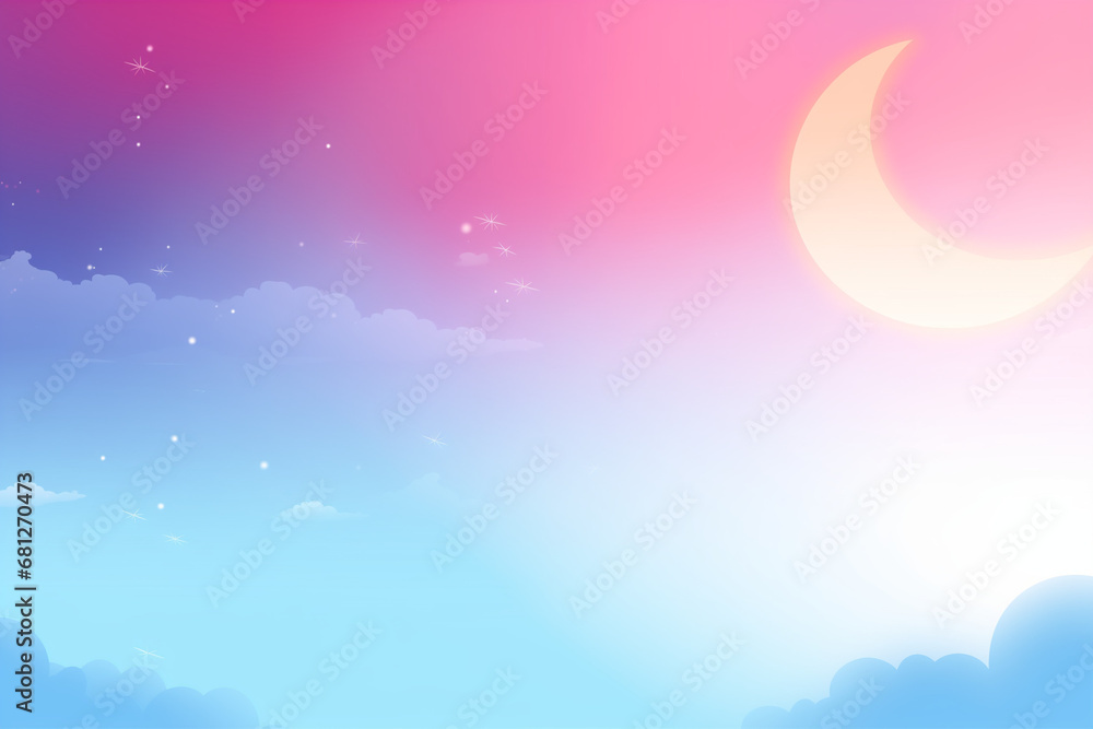 Watercolor sunset or sunrise sky. Magic night sky with pink and purple clouds, stars and crescent moon. Beautiful nature concept. Design for textile, fabric, paper, print, banner