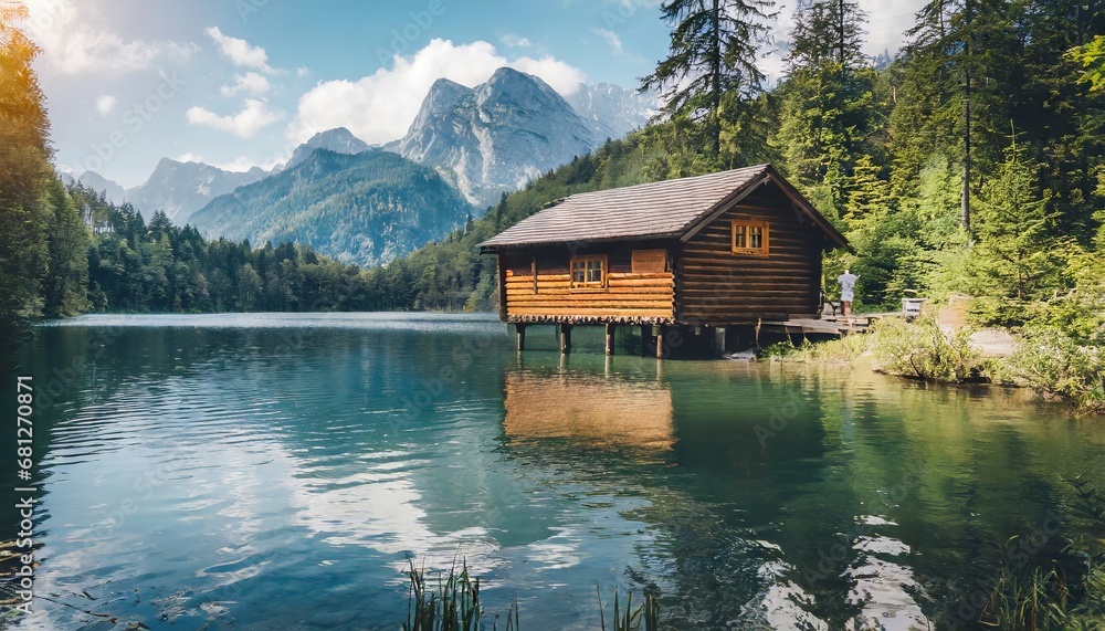 Fototapeta premium Generated image of a cabin on the lake in the forest with mountains in the background, daytime.