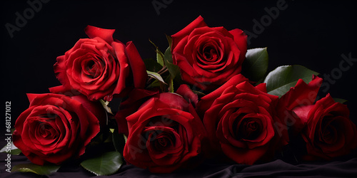 Red Roses on Black Background  Festive Flowers Arrangement