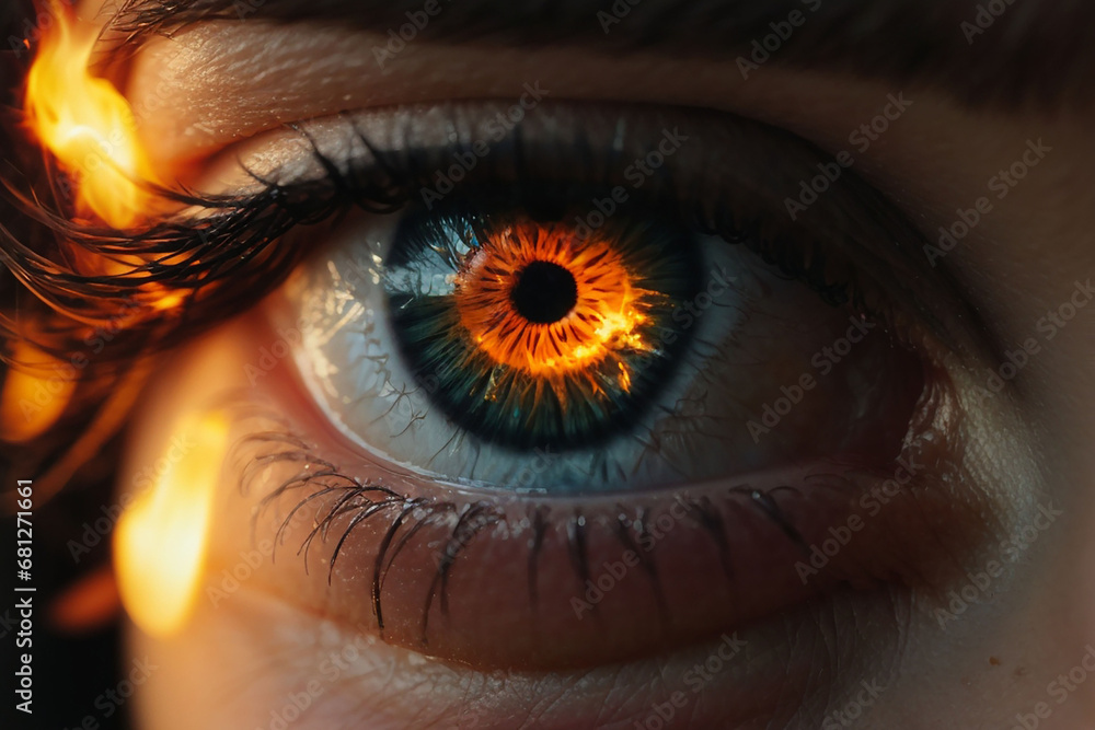 Close up of eye, Burning glowing fire in the eye iris - obrazy, fototapety, plakaty 