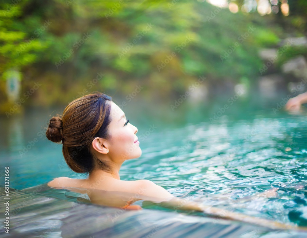 Fototapeta premium 温泉に浸かっている女性