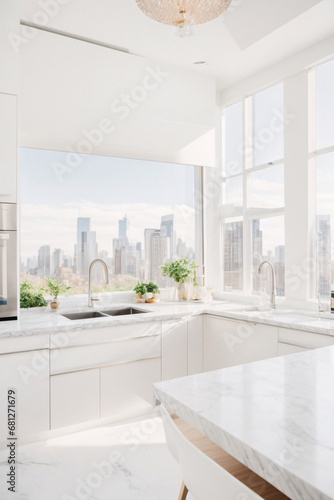 A luxury white kitchen countertops and sink with a city view