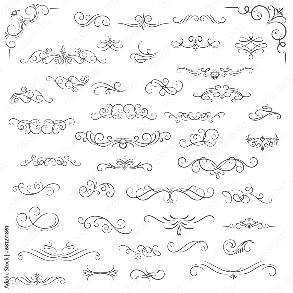 Vector graphic elements for design vector elements. Swirl elements decorative illustration. Classic calligraphy swirls, swashes, floral motifs. Good for greeting cards, wedding invitations, - obrazy, fototapety, plakaty 