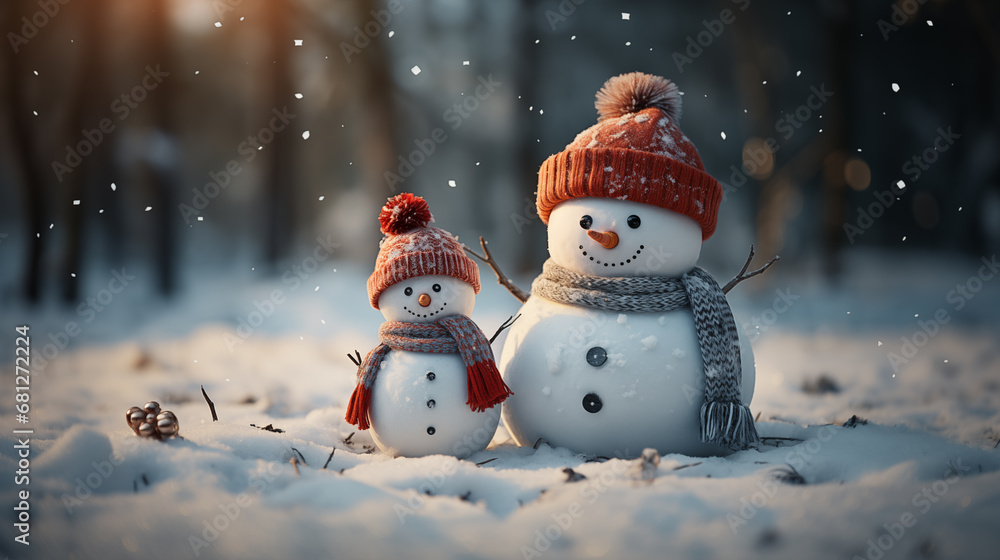 Two snowman in winter forest. Christmas and New Year background.