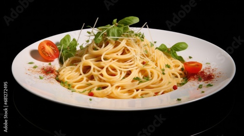A delectable plate of linguini pasta with a creamy white sauce, topped with fresh tomatoes and herbs. Generative AI.
