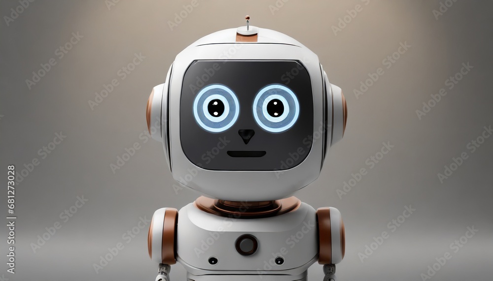 Fototapeta premium Friendly white and copper toy robot with blue glowing eyes