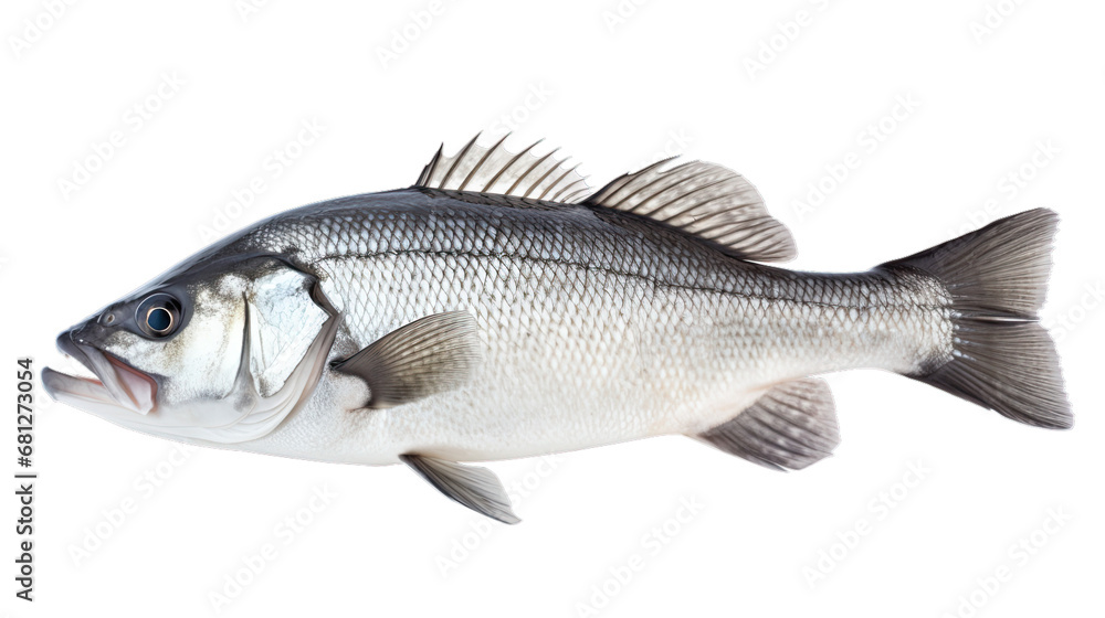 One fresh sea bass fish isolated on white background with clipping path. Full Depth of field. Focus stacking. PNG