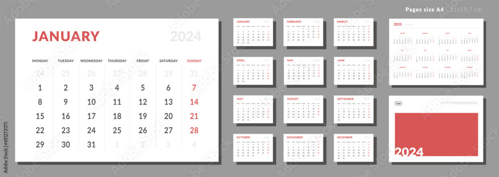 Set of Monthly page Calendar Planner Template 2024, cover with Place for Photo and Company Logo and annual calendar of 2025. Isolated Vector layout of a wall or desk calendar with week start Monday Set of Monthly page Calendar Planner Template 2024, cover with Place for Photo and Company Logo and annual calendar of 2025. Isolated Vector layout of a wall or desk calendar with week start Monday