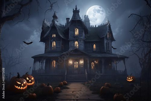 mysterious and scary halloween castle night view