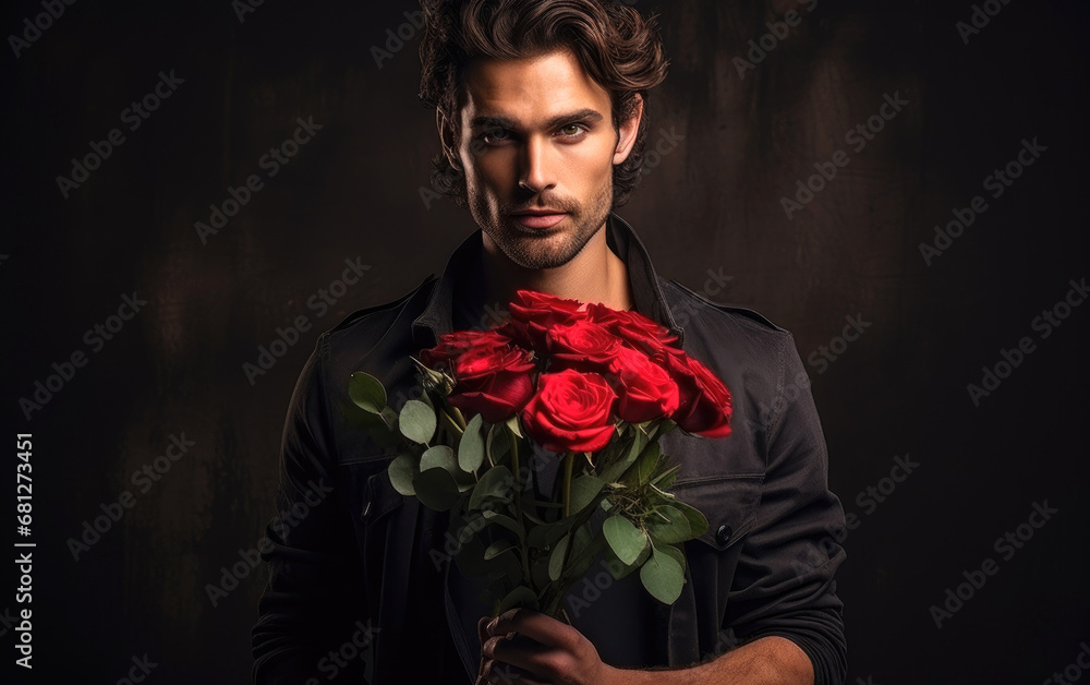 A handsome 30 years old man holding a bouquet of roses in his hands A handsome 30 years old man holding a bouquet of roses in his hands