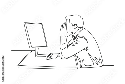 Continuous one line drawing young tired company worker covering his face with hand after read financial annual report. Work fatigue at the office. Single line draw design vector graphic illustration