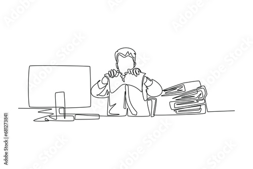 Continuous one line drawing young mad stressful businessman tearing paper in his work computer desk at his office. Business project failure concept. Single line draw design vector graphic illustration