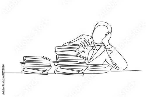 Continuous one line drawing stressful finance manager facing pile of document papers on his desk office. Work overload project on deadline concept. Single line draw design vector graphic illustration