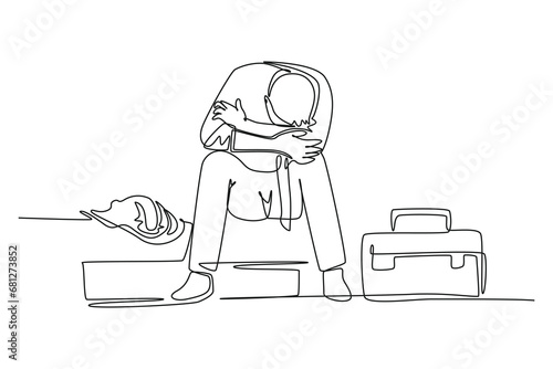 Single continuous line drawing of young depressed male manager bowed limply on chair after he got sacked from the work office. Job dismissal concept. One line draw graphic design vector illustration